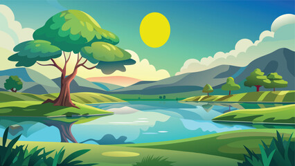 Obraz premium Serene lakeside landscape under a golden sun and gentle clouds