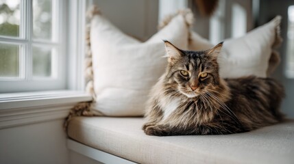 Calm indoor cat portrait on window seat with decorative pillows in soft natural light for background and banner design for pet care and home decor