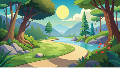 A tranquil evening scene with a winding path through a mystical forest glade. © CreativeKamrul