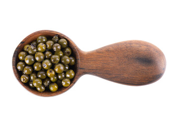 Pickled green peppercorns isolated on white background. Marinated unripe drupes of the Piper nigrum vine in wooden spoon. Clipping path. Top view.
