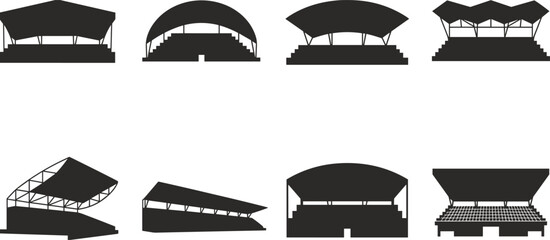 Stadium grandstand silhouettes set collection sports arena tribune structures vector icons isolated architecture stands for football baseball events © Itz Rakib