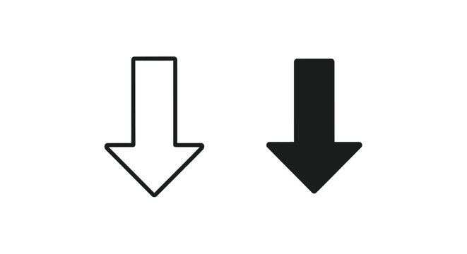 Minimalist black and white down arrow icon set vector for download, scroll, or direction indicators on websites and apps