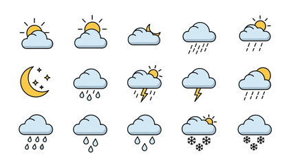 Obraz premium Comprehensive set of minimal weather icons showing various conditions like sunny cloudy rainy moon phases lightning snow and mixed skies.