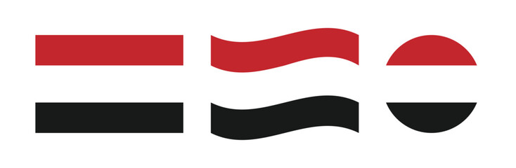 yemen national flag icon set with flat rectangle, waving banner and circular badge featuring red white and black horizontal stripes isolated on light background