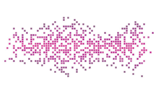 Bright magenta and subtle pink squares form a glowing pixelated stream on a pristine white background
