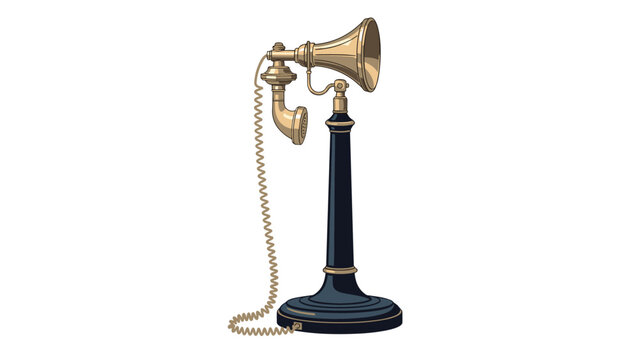 Classic antique candlestick telephone with a black base brass mouthpiece and curly cord over a simple white studio background.