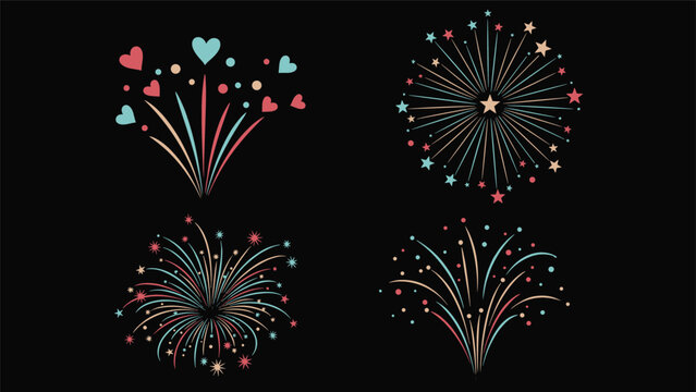 Multiple festive firework explosions with heart shapes and stars against a dark background perfect for celebrations and events.