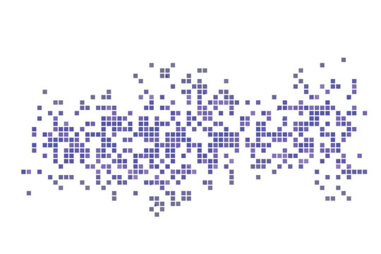 Energetic spread of blue and violet square pixels forming an intricate digital wave across a pristine white canvas