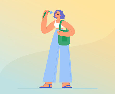 Young beautiful walking on the street on sunny day enjoying flower. Vector illustration.