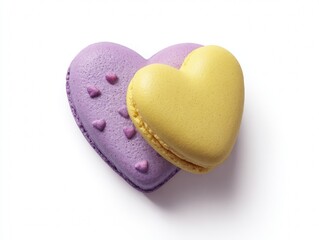 Obraz premium Purple and yellow heart-shaped macarons rest on white. Soft shadows add depth and realism to the scene. Vivid colors draw attention to delicate textures. Sleek composition highlights sweet