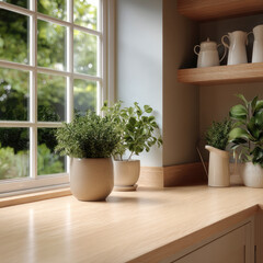 Fototapeta premium Bright wooden kitchen countertop with potted herbs, ceramic jug, and open shelving, sunlight streaming through large window, peaceful atmosphere