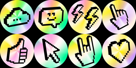 Plakat 3D pixel art black icons on glossy holographic circle backdrops. Y2K sticker pack. Cursor, lightning, smiling face, hand gestures. Retro label elements on rainbow gradient for modern digital design