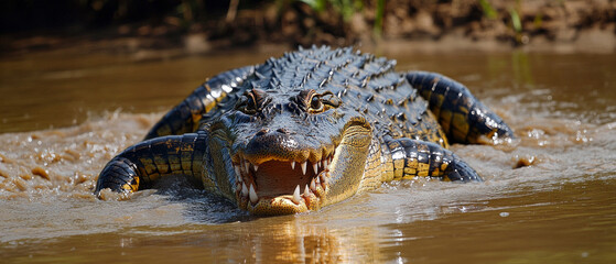 Obraz premium An aggressive crocodile with its mouth open in murky water warns of the dangers of the wild, serving as a vivid backdrop for environmental campaigns to preserve biodiversity.
