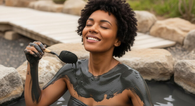 African-American woman in mud bath outdoors, relaxation and skincare in natural hot spring