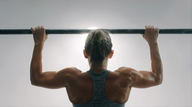Woman seen from behind performs pull ups on a bar in a bright studio gym, highlighting back muscles, upper body strength training, and disciplined fitness effort.