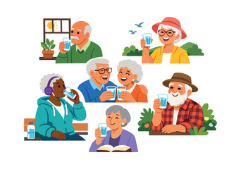 Senior people engaging in various activities while drinking water, promoting hydration and wellness in old age