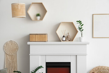 Naklejka premium Fireplace, houseplant and shelves near white wall in room, closeup