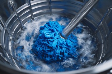 Fototapeta premium Blue mop head spins in stainless steel bucket. Water swirls around the mop fibers. Metal handle extends from the center. Bucket has a wire mesh interior. Mop is fully saturated with cleaning solution
