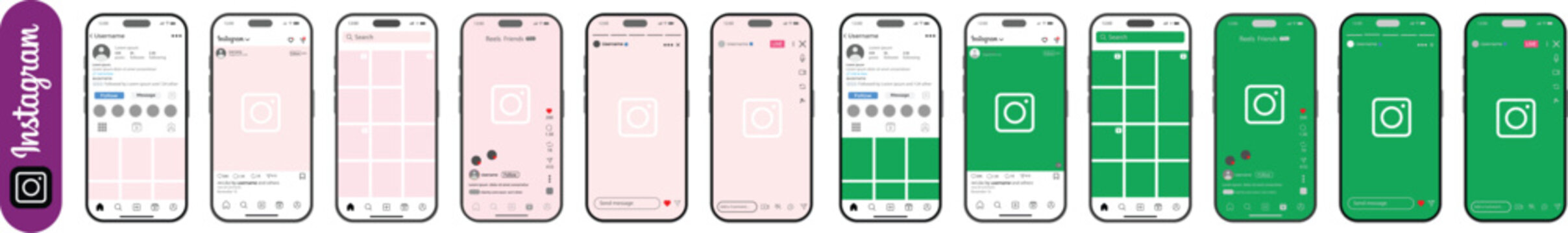 Instagram UI mockup pack iPhone 17 with Post, Reels, Story, search, live streaming mockup updated. instagram new grid size template update with Blank Screen, Green Screen. Instagram social network 