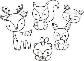 Obraz premium Cute woodland animals outline vector set featuring deer squirrel rabbit fox and bear kawaii forest characters for kids coloring