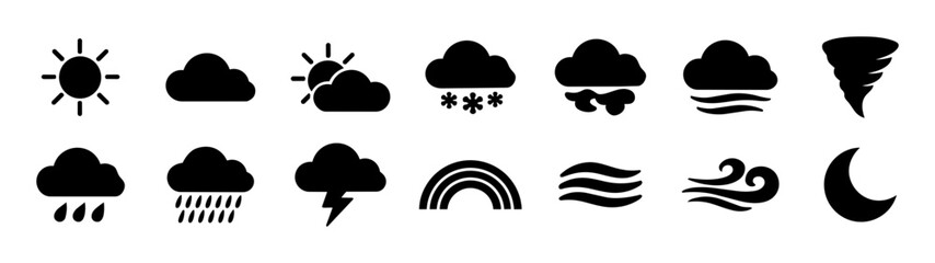 Fototapeta premium Weather Icon Set – Sun Cloud Rain Snow Wind Storm Forecast Silhouette Symbols Collection