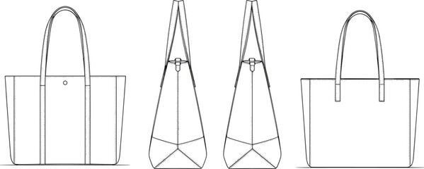 Tote bag mockup set, front back and side view, blank shopping handbag template isolated on white background