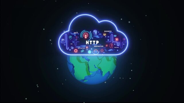 Neon cloud with HTP text and icons floats above a stylized Earth in a starry night sky HTTP hypertext transfer protocol