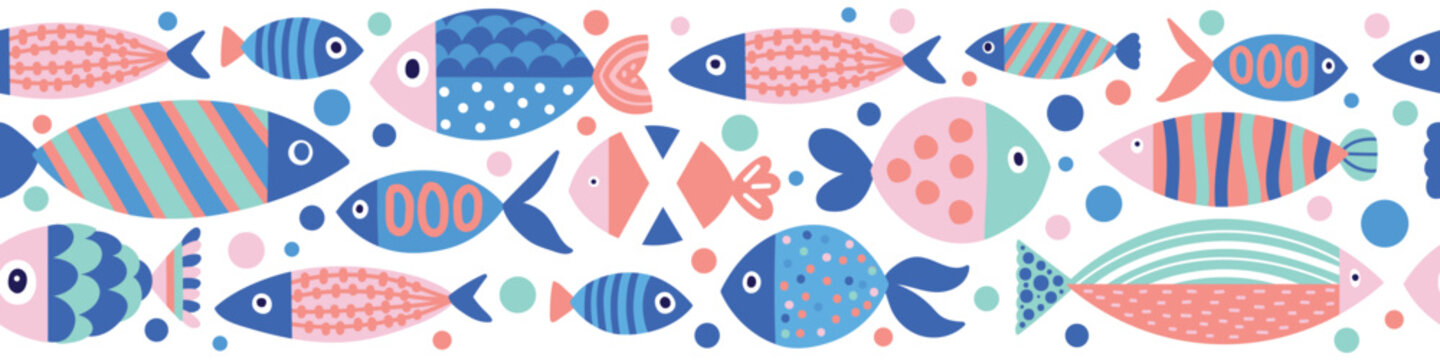 Vector seamless horizontal border with cute fish. Kids illustration. Sardines.