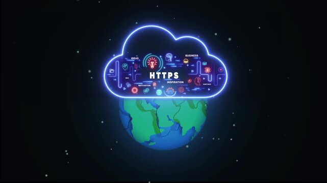 Neon cloud with HTPS text and icons floats above a stylized Earth in a starry night sky HTTPS secure hypertext transfer protocol