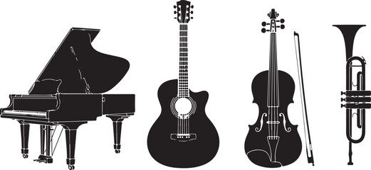 Fototapeta premium Black silhouette set of four traditional musical instruments on a white background, minimal outline.
