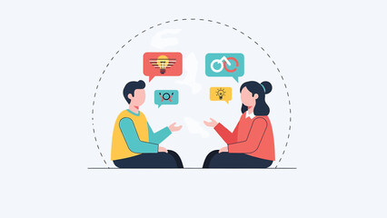 Fototapeta premium Two people communicating with speech bubbles and icons representing ideas and conversation