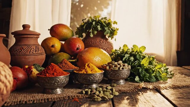 Sunlit indian kitchen with earthen pottery, spices, and fresh fruits bathed in warm golden light