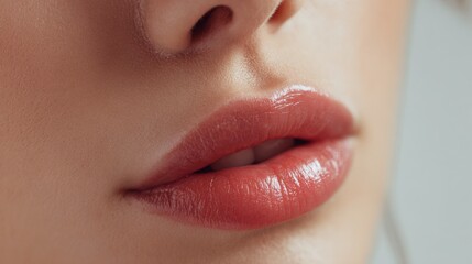 Soft lips gleam with subtle gloss under gentle light. Natural pink hue enhances lips' delicate texture and shape. Close-up reveals smooth skin and slight lip curvature