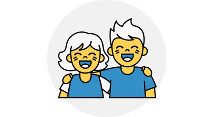 Smiling senior couple in blue shirts with arms around each other in a circle