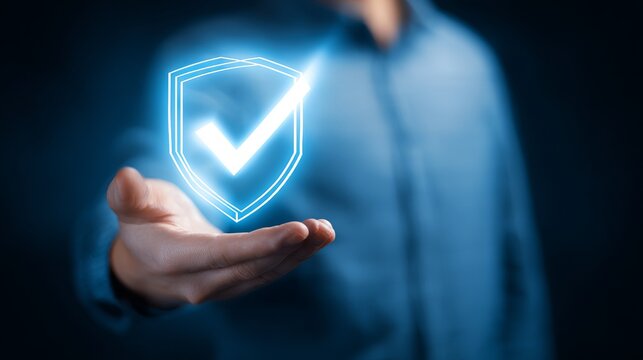 Person shows digital shield. Check mark means online safety. It assures trust and data protection.