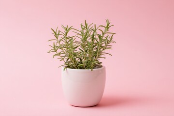 Obraz premium Fresh rosemary grows in a white ceramic pot. Soft pink background enhances minimalist aesthetic. Plant features vibrant green, needle-like leaves. Simple composition ideal for health, wellness