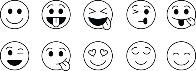 Obraz premium Set Of Ten Different Emoji Faces With Black Outline On White Background emoticon smile