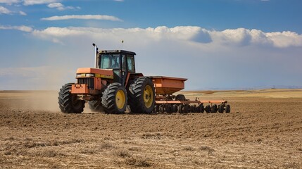 Fototapeta premium Farm tractor plants seeds in dry farm soil.
