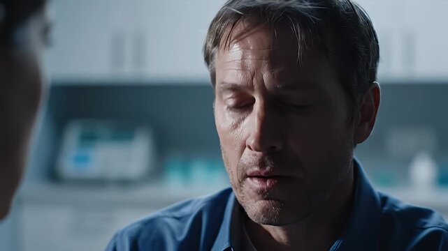 Observing a weary man in a clinical setting reflecting on a tense moment