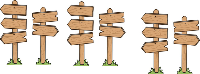 Wooden direction signpost vector set with blank rustic boards and arrows for navigation, travel guidance, and outdoor signage design © Sumon Creative