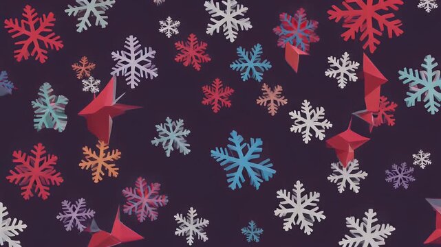 A vibrant and festive pattern featuring stylized snowflakes and origami cranes in shades of red, blue, and white against a deep purple background, evoking a winter holiday theme.