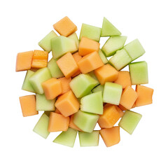 Diced cantaloupe and honeydew melon on transparent background