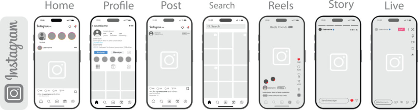 Instagram Reels, profile, story, post, search, live streaming mockup updated. Mobile Smartphone Display. Instagram UI mockup pack iPhone 17. modern social media layout vector illustration
