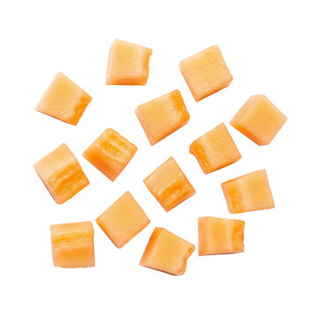 Diced cantaloupe melon cubes on transparent background refreshing