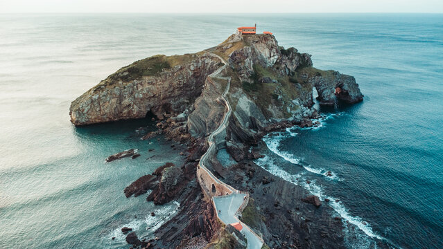 Aerial Drone Shot of the Stairway to San Juan de Gaztelugatxe, Spain
