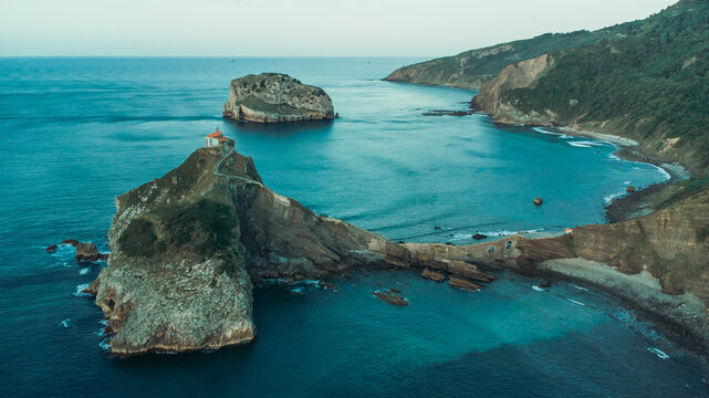 Aerial Drone Shot of the Stairway to San Juan de Gaztelugatxe, Spain