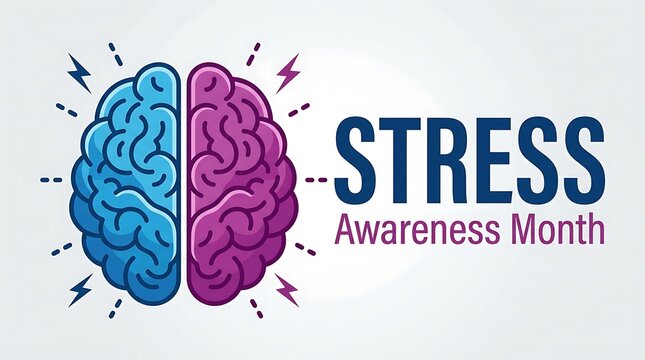 Stress awareness month graphic divided brain illustration symbolizing stress and mental health awareness with lightning bolts on white background