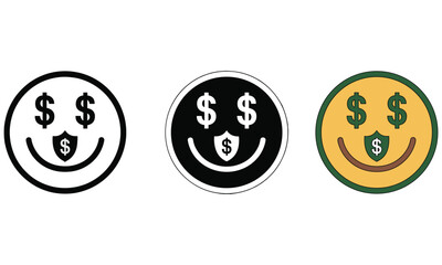 Fototapeta premium Set of three emoticon icons representing financial success and security with smiling faces and dollar signs in various color schemes and styles for business and marketing use.
