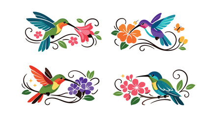Obraz premium Hummingbirds collecting nectar from vibrant blossoms, presented as a decorative and beautiful nature illustration on a white background