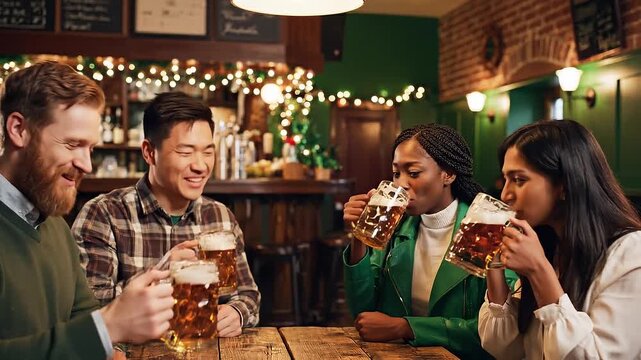 Friends cheering with beer glasses in a lively Irish pub on St Patrick's Day with a festive parade crowd in the background.